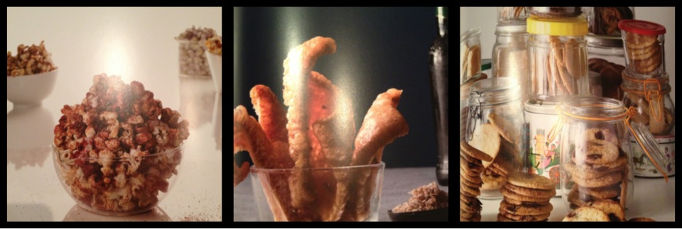 Flavoured popcorn, Pork Scratchings, Choc Chip Cookies